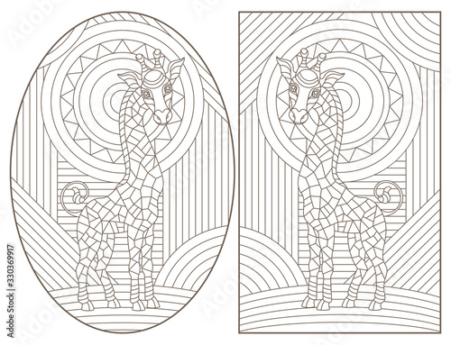 Set of contour illustrations of stained glass Windows with giraffes, dark contours on a white background