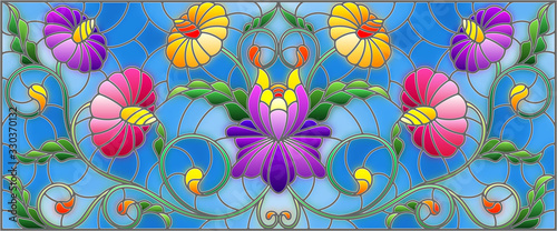 Illustration in stained glass style with abstract  swirls,flowers and leaves  on a blue background,horizontal orientation