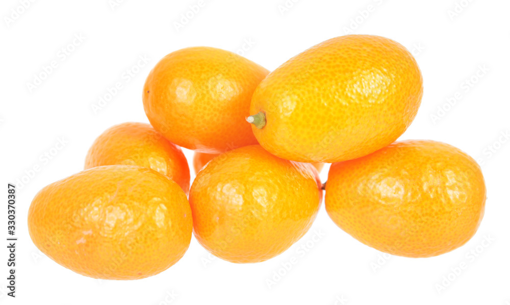 Composition with unpeeled ripe kumquat fruits isolated on white background Composition with unpeeled ripe kumquat fruits isolated on white background