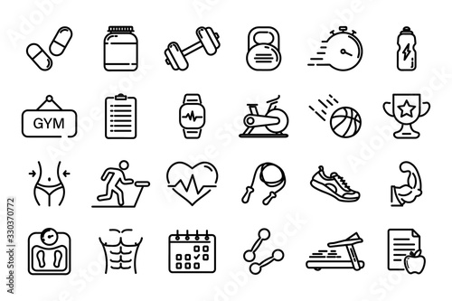 Set of Thin line icons Fitness and Sport. Collection Outline symbol fitness, gym and health care photo