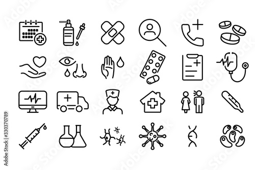 Healthcare and medicine line icons set. Medical symbols. Collection modern lines web icons. Epidemic Coronavirus. Bacteria, Virus Vector Line Icons. Coronavirus icons, symptoms, transmission
