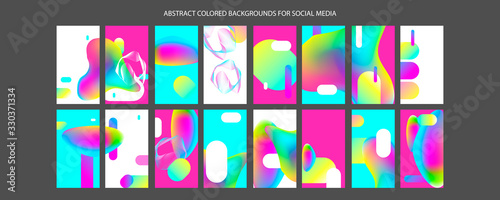 Set Creative acid vibrant vibrant color backgrounds for social media. Abstract blue green pink yellow elements on white background. Vector template modern design. Eps 10.