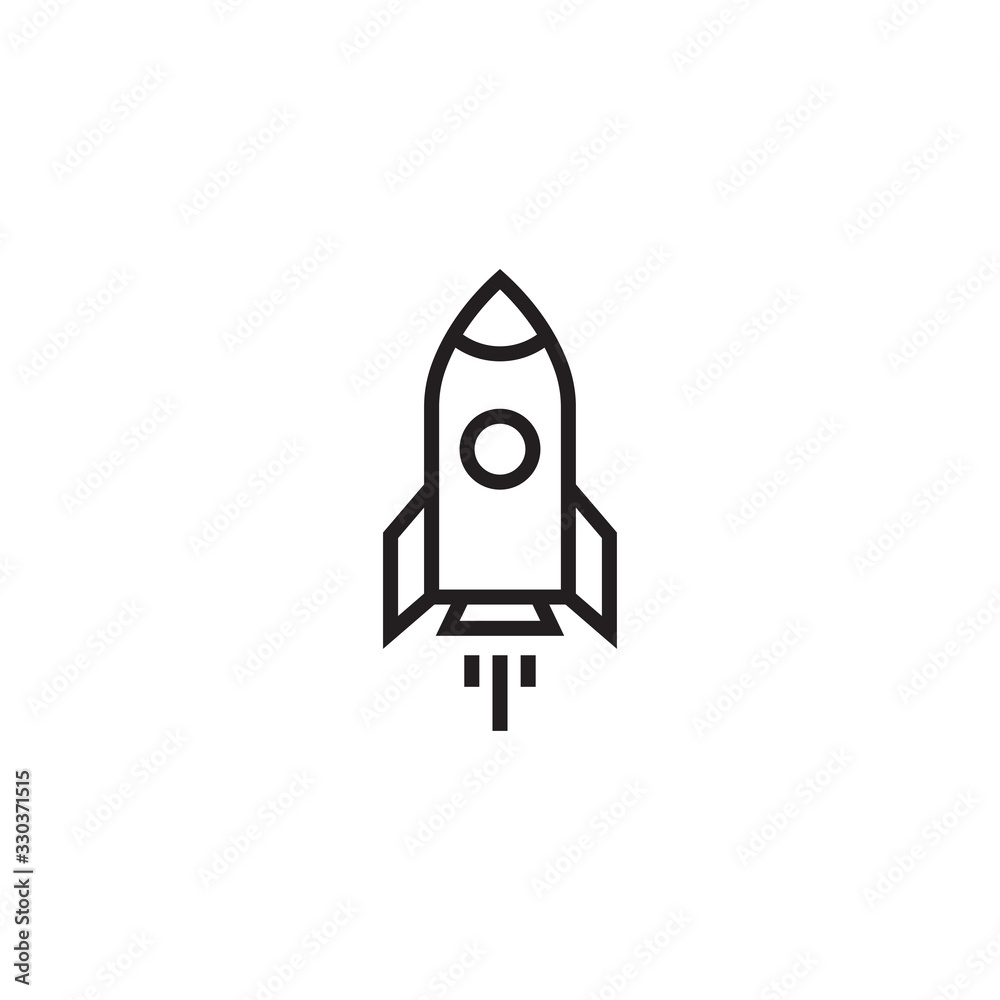 Outline rocket ship with fire. Vector illustration with flying rocket. Space travel. Project start up sign. Creative idea symbol. Black and white.