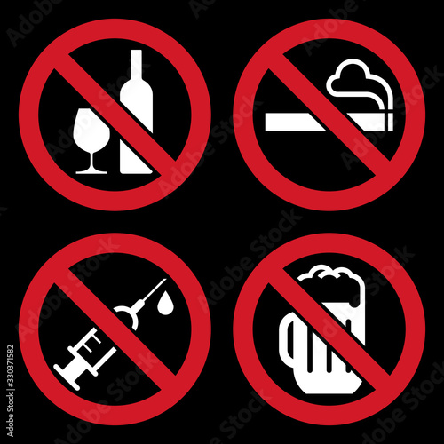 No alcohol sign, No smoking sign, No alcohol sign and No beer sign