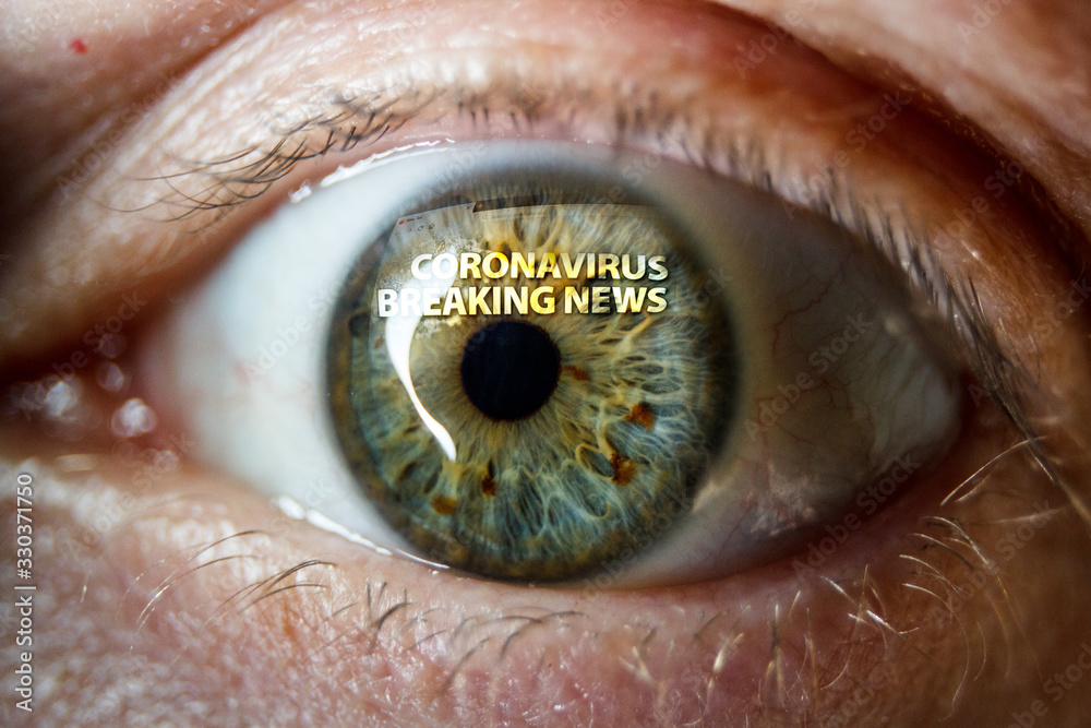 Coronavirus reflection on eye. Scared person big eye. Outbreak of novel coronavirus disease 2019