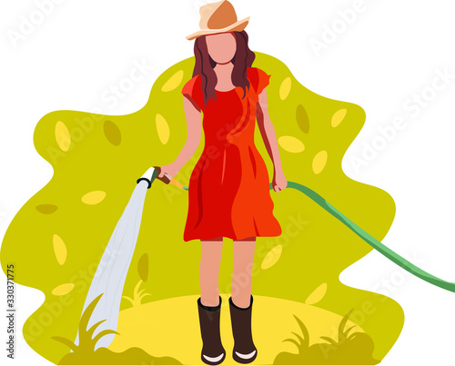 girl watering with hose flowers
