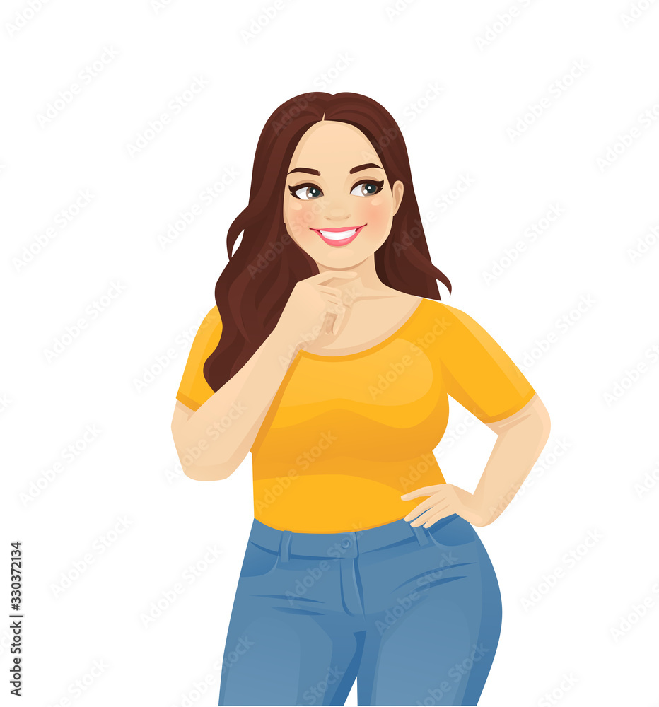 Young happy beautiful plus size thinking woman wearing jeans looking away isolated vector illustration