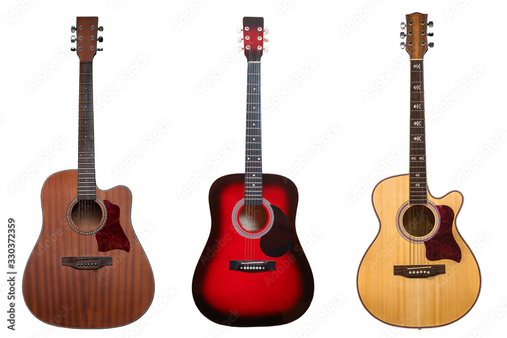 Fototapeta premium classic musical instrument wooden six-string guitar red, set of three guitars isolated on white background