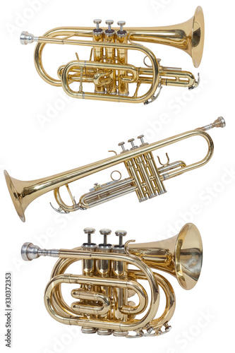 classical wind musical instrument cornet, wind trumpet, set of three musical instruments isolated on a white background