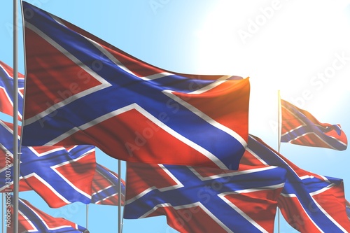 pretty holiday flag 3d illustration. - many Novorossia flags are waving on blue sky background