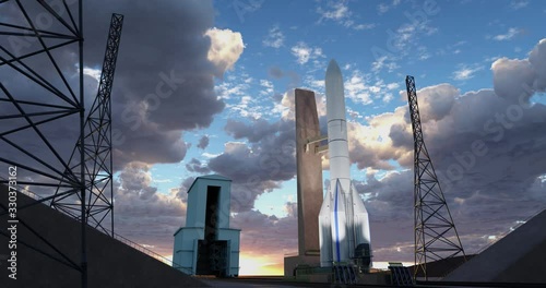 Space rocket at launch pad. 3d animation. Camera rotating around shuttle. Sunset blue sky, dramatic clouds and spotlights lighting rocket. Cinematic 4k resolution. Ariane 6.