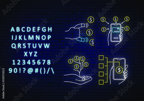 set money, credit card, magnet,  management, tree icon line neon