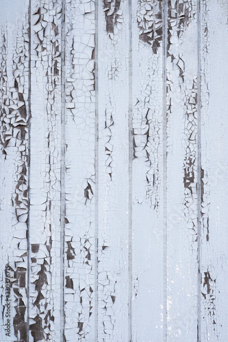 Wooden texture background. Old wooden wall with peeled off white paint. Vertical wooden boards. Close up