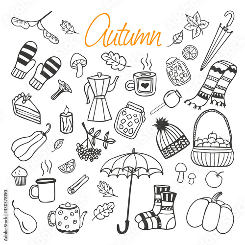 Vector set of autumn cozy things. Umbrella, pot, apple, gloves, coffee, tea, cup. 