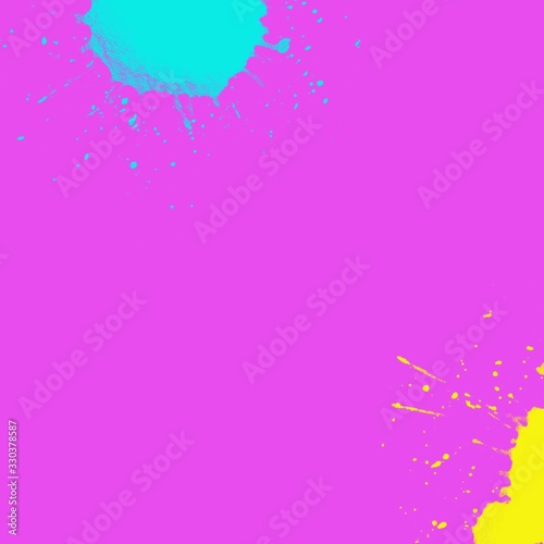 Pink background. Yellow drop of paint, sky blue splashes. Neon contrast picture for cover.