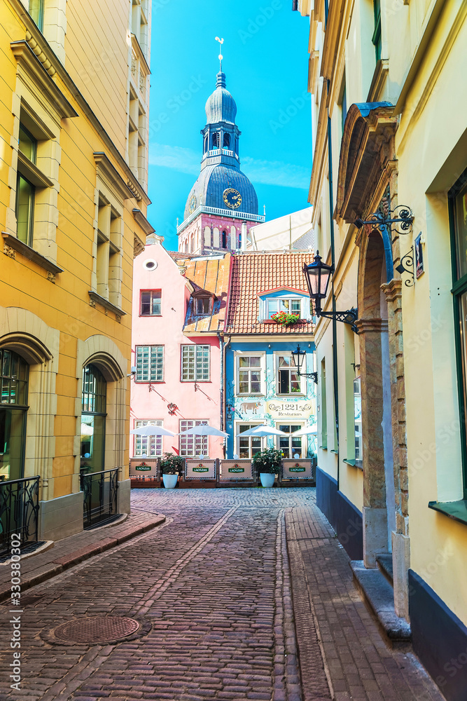 Fototapeta premium Riga Cathedral in Street at old town of Riga Baltic
