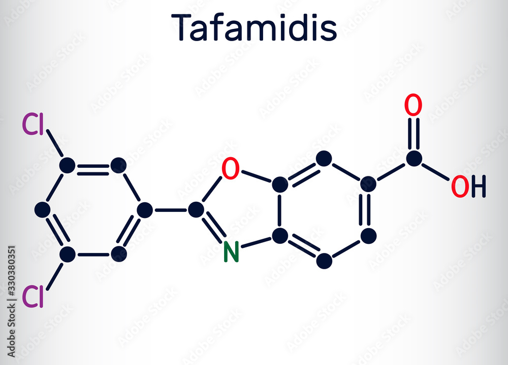 Tafamidis molecule. It is a medication used to delay loss of peripheral nerve function in adults. Structural chemical formula.