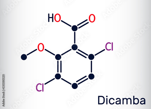 Dicamba C8H6Cl2O3 molecule. It is used as a herbicide. Structural chemical formula photo
