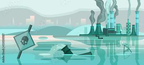 Environmental pollution banner with big factory,cityscape, polluted river, pipes, barrel, skull signboard. Grey smog over the buildings. Ecological problem concept in grey colors. Horizontal landscape