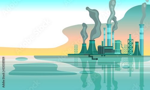 Urban horizontal banner with factory pipes emitting toxic smoke into the air. Environment pollution concept in flat style with copy space. Plant near the river in grey color scheme.  