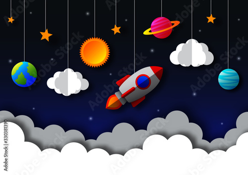 space night sky. moon, stars, rocket and clouds in midnight. paper art style. vector Illustration.