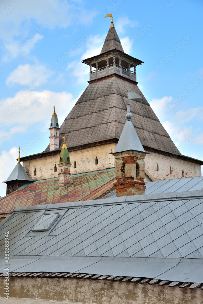 Wood-burning tower in Rostov Kremlin, Rostov, one of oldest town and tourist center of Golden Ring, Yaroslavl  region, Russia