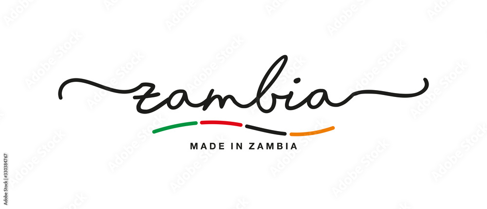 Made in Zambia handwritten calligraphic lettering logo sticker flag ribbon banner
