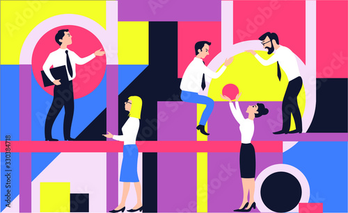 Modern vector, abstract, flat illustrations. A group of like-minded people. A business team that organizes its workflow. The concept of the decision of cooperation, support and success.