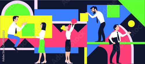 Modern vector, abstract, flat illustrations. A group of like-minded people. A business team that organizes its workflow. The concept of the decision of cooperation, support and success.