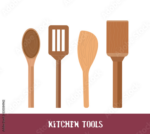 Wooden kitchen tools isolated on white background in a flat style.