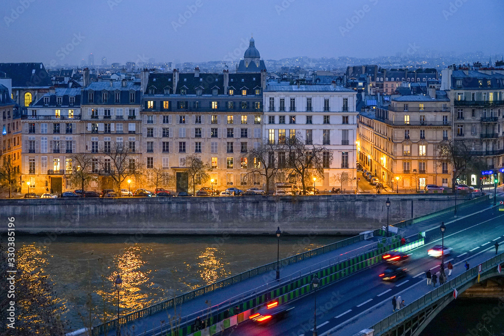 Paris night view of the street and houses