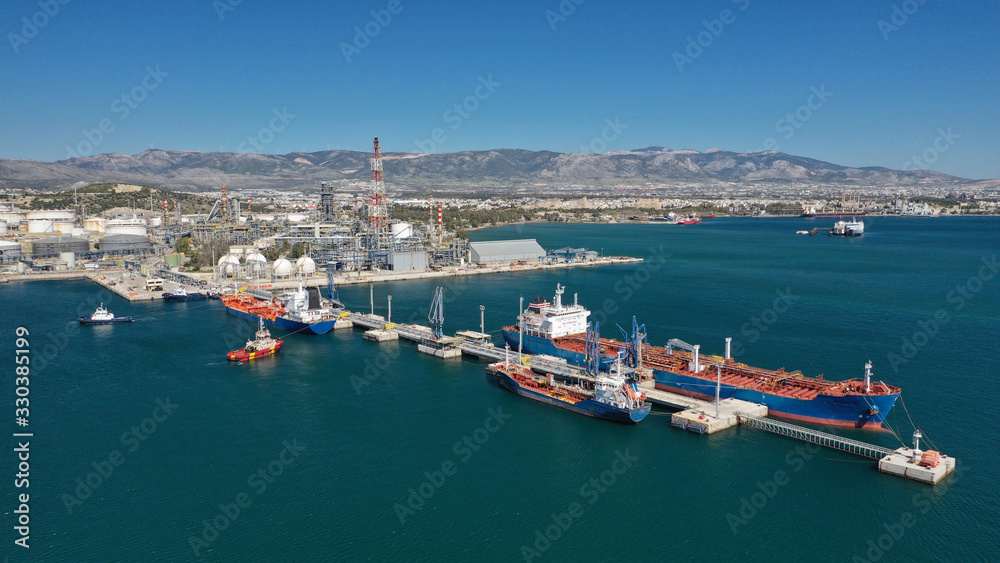 Aerial drone photo of industrial area of Elefsina, refinery and petroleum plant, Attica, Greece