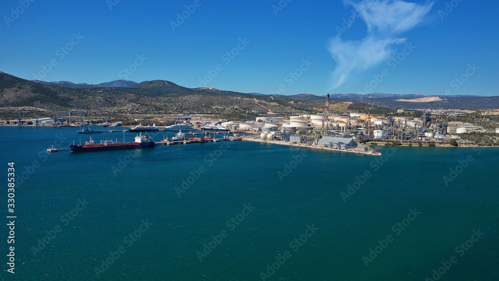 Aerial drone photo of industrial area of Elefsina, refinery and petroleum plant, Attica, Greece