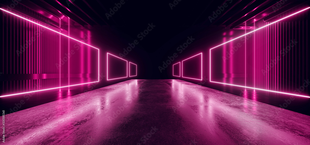 Electric Sci Fi Neon Tunnel Corridor Catwalk Rectangle Laser Futuristic Purple Glowing Pillars Lines Garage Underground Studio Fashion Concrete Dark Empty Club 3D Rendering