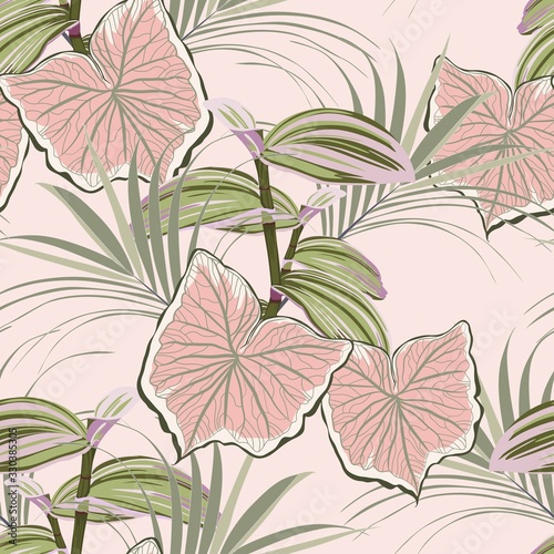 Seamless tropical pattern with bright colorful leaves and plants. Seamless exotic pattern with tropical plants. Exotic wallpaper. Trendy summer Hawaii print. © Виктор Фесюк