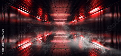 Smoke Laser Neon Studio Led Red Classic Light Pantone Color Futuristic Sci Fi Cyber Glowing Lights Warehouse Garage Underground Parking Room Empty Dark Night 3D Rendering © IM_VISUALS
