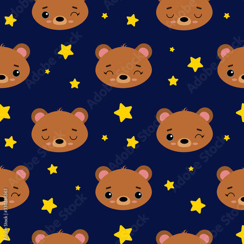 Seamless vector pattern with brown bears and stars. Cute emotional animals on a blue background. For printing on fabric, wallpaper, baby products, holiday cards.