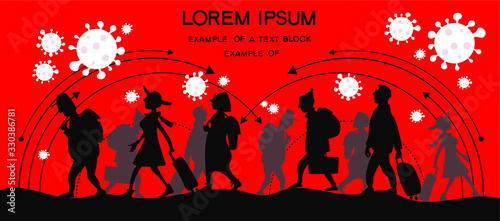 Vector illustration Silhouettes of people, tourists, migrating around the world. Allegory of the spread and infection of coronavirus among the population. The need for quarantine.