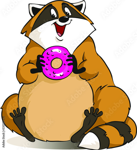 Vector illustration of a funny raccoon with a donut in its paws. Cute fluffy animal.