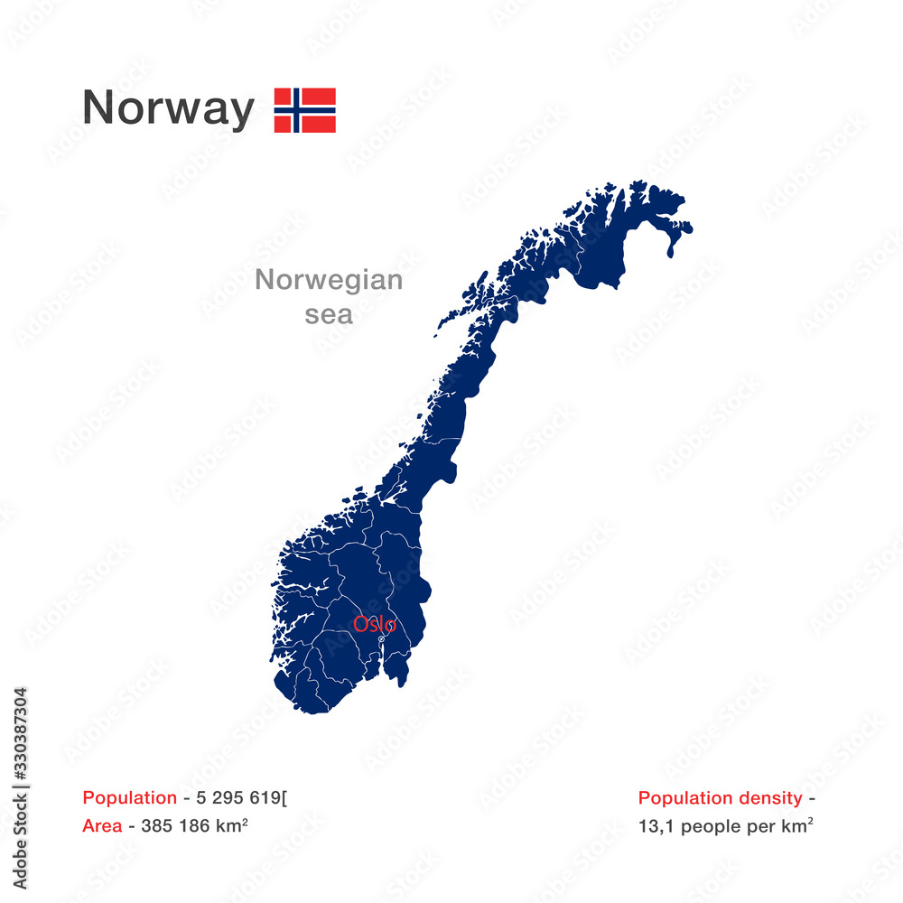 Vector illustration of Norwegian map. Flag, area, population and