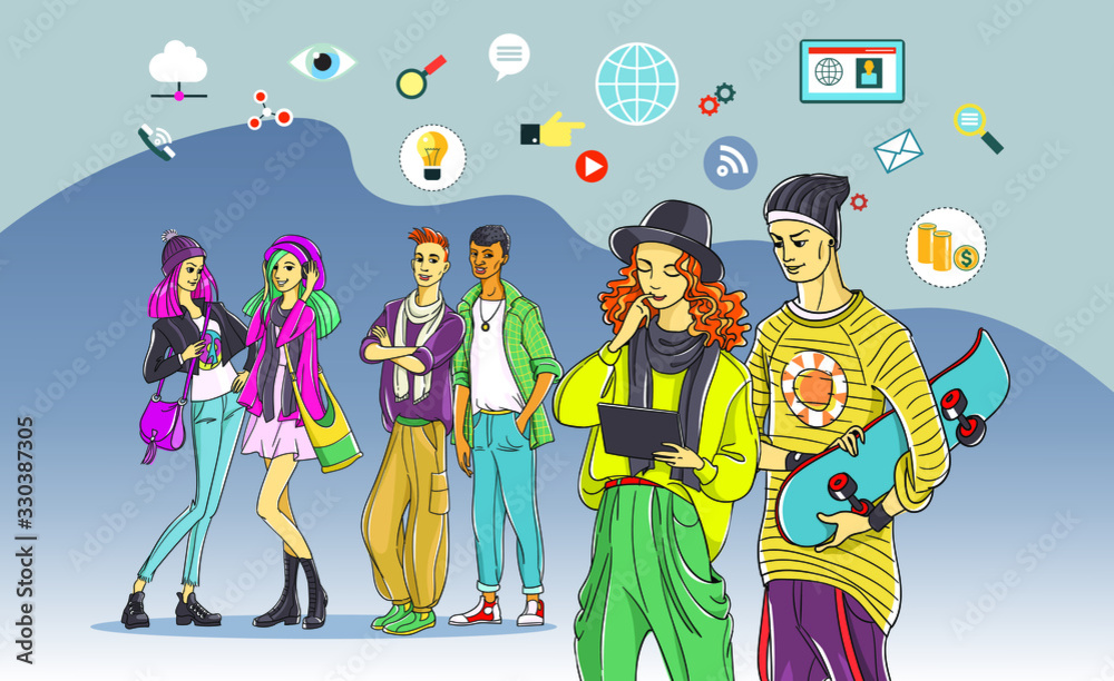 A group of young people are surrounded by communication icons in a social network. Online chat, online instant messaging or information sharing. Vector illustration.