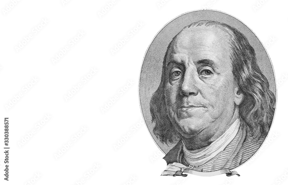 Benjamin Franklin portrait on one hundred US dollars banknote. Isolated on white.