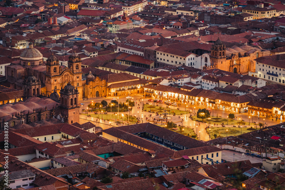 Aerial view of Plaza de Armas (Main Square) and Cusco Cityscape, Cusco, Peru, South America