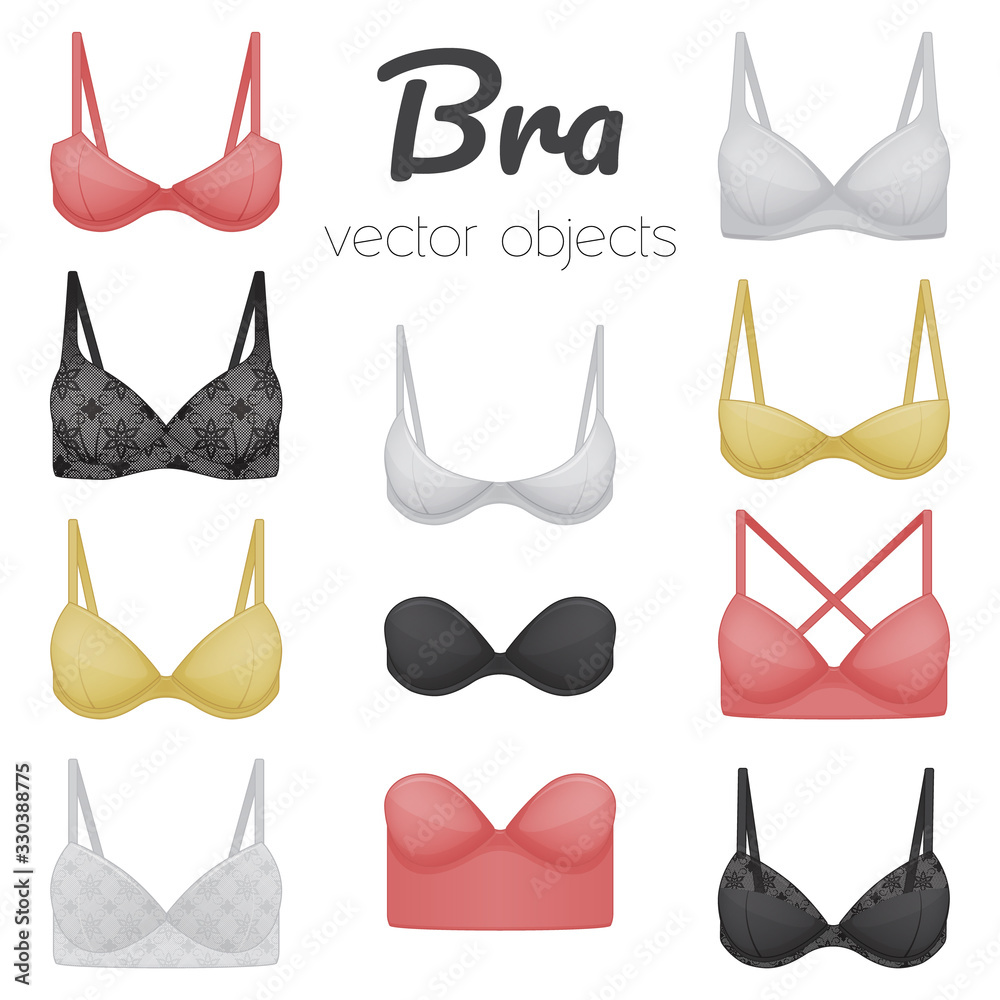 Collection of bras. Women's underwear icons. Cartoon style. Vector illustration. Isolated on white. Object for packaging, advertisements, menu. Collection of bras. Women's underwear icons. Cartoon style. Vector illustration. Isolated on white. Object for packaging, advertisements, menu.