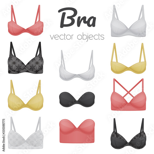 Collection of bras. Women's underwear icons. Cartoon style. Vector illustration. Isolated on white. Object for packaging, advertisements, menu.