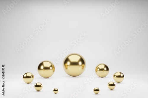Golden abstract 3d render background. Computer generated minimalistic background with geometric shape balls, dark sphere. Modern design for poster cover branding banner placard