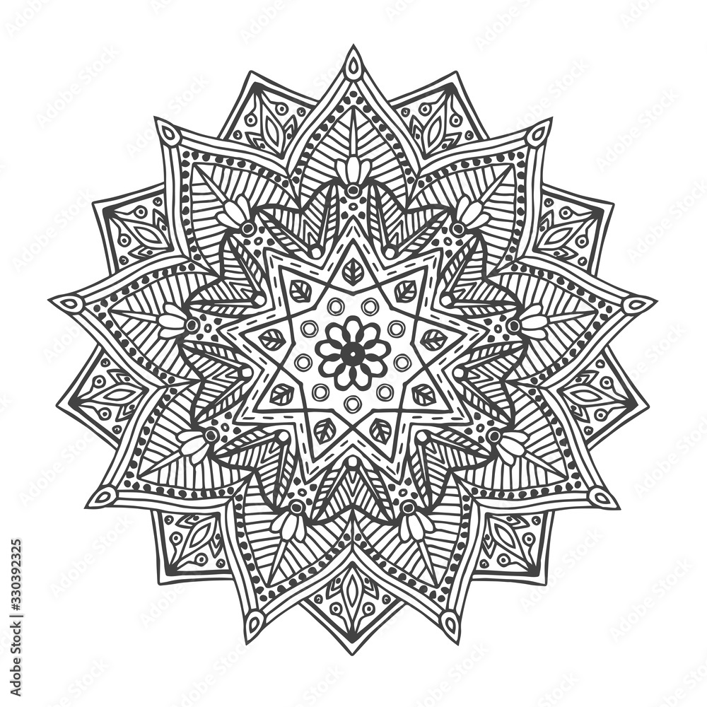 Monochrome hand drawn floral mandala. Anti-stress coloring page for adults. Hand drawn vector illustration.