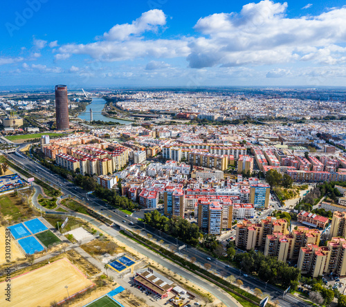 Sevilla city. Beautiful Aerial Panorama Shot. Centre and its landmarks,, Spain, Seville