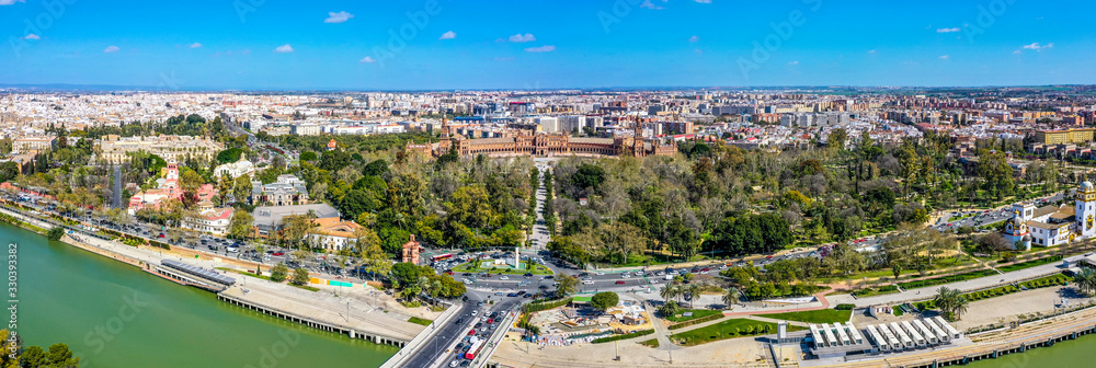 Sevilla city. Beautiful Aerial Panorama Shot. Centre and its landmarks,, Spain, Seville