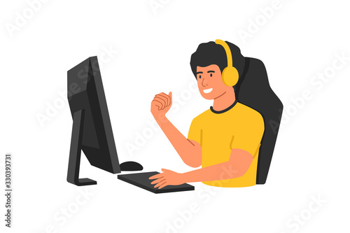 Gamer play in online video game, in the headphones and with computer mouse and keyboard happy to win. Concept pro gamer esport cartoon